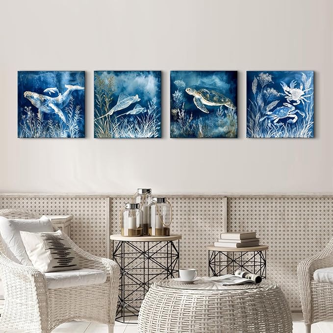 Ocean Beach Wall Art Blue Coastal Room Decor Nautical Canvas Prints Sea Turtle Whale Crab Stingray Pictures Paintings Underwater Marine Posters Artwork for House Beachy Bedroom Decoration 16x16” 4Pcs
