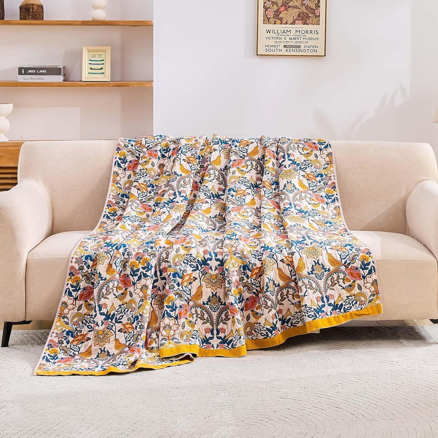 Boho Blanket Throw Quilt, 100% Cotton Soft Light Weight Throw Blankets for Summer, 80"x90" Farmhouse Flower Decorative Blankets, All Season Rustic Reversible Bohemian Throw Quilt