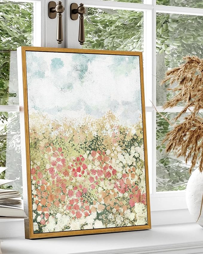 KBKBART Framed Wall Art for Bedroom Decor, Vintage Spring Flower Pictures Aesthetic, Farmhouse Wall Decor Meadow Floral Bathroom Canvas Oil Painting, Canvas Wall Art Summer Room Decor, Gifts for Friends or Family(12"x16")