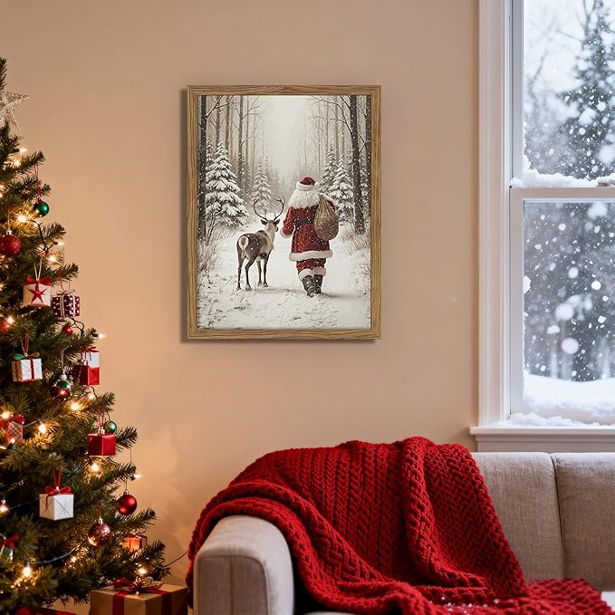 Framed Christmas Pictures Wall Decor, Santa Reindeer Winter Wall Art, Rustic Canvas Christmas Print, Winter Holidays Decor, Vintage Christmas Decorations Painting for Bedroom Living Room – 12x16in
