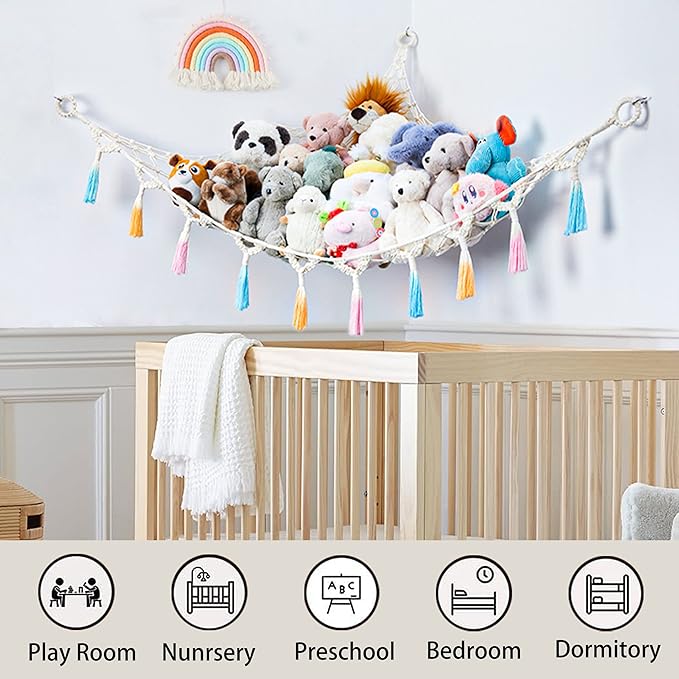 Stuffed Animal Net or Hammock with Light,Yewiwin Macrame Hanging Net Hammock for Stuffed Animal Toy Storage Organizer Boho Decor Room Holder for Nursery Play Room Bedroom (Beige)