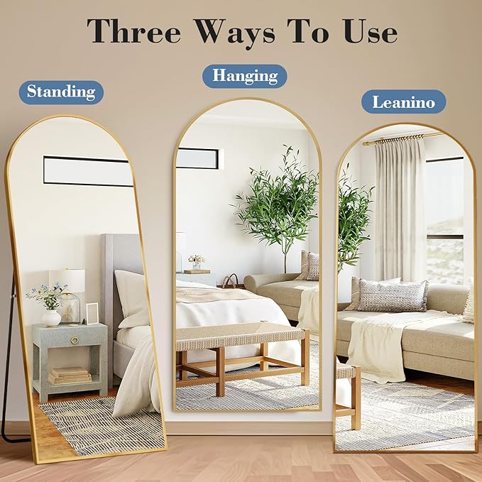 DUMOS Arched Full Length Mirror with Stand Floor Standing Aluminum Frame for Bedroom Body Hanging Leaning Modern Simple Home Decor Shatter-Proorf Nano Glass Wall Living Room Cloakroom Gold 68"x26"
