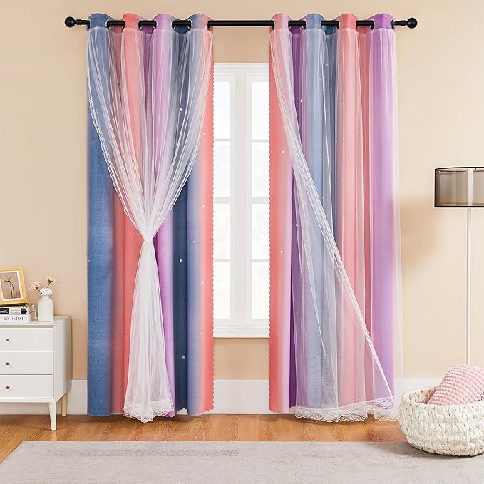 XiDi Grey Pink Purple Curtains for Girls Bedroom Decor Kids Blackout Curtains for Nursery Room Darkening Rainbow Princess Unicorn Wall Decals Little Girl 52x45 Inches Long 2 Panels Set