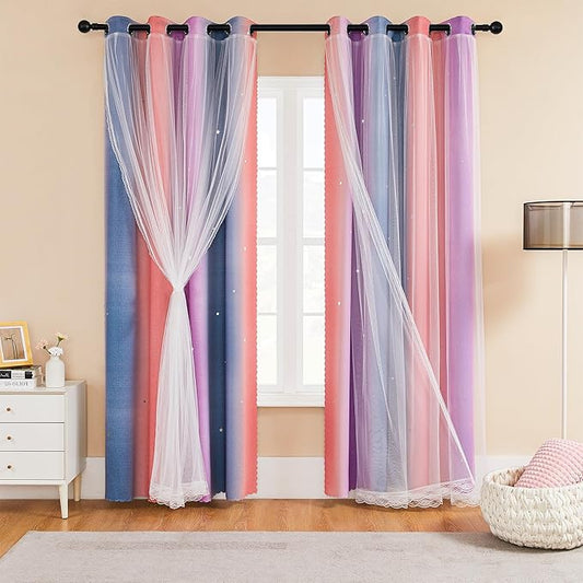 XiDi Rainbow Blackout Curtains 96 Inches Long for Girls Bedroom 2 Panels Set, Kids Pink Curtains for Room Decor Unicorn Wall Decals Drapes for Little Girl Nursery Grey/Pink/Purple 34 Inches Wide