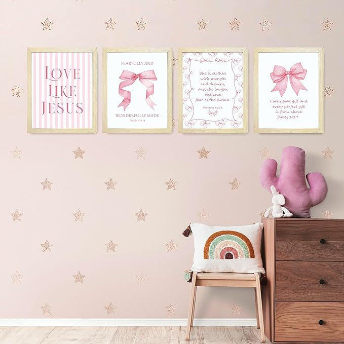 LARTSFRO Coquette Pink Bow Jesus Wall Art Decor Posters, Pink Bow Room Bedroom Bathroom Dorm Wall Art Decor Aesthetic for College Teen Girls Gifts, Inspirational Bible Verses Bow Wall Decor, 10x8 Inch Set of 4 Pcs Bow Pictures (WOOD-GRAIN FRAMED)