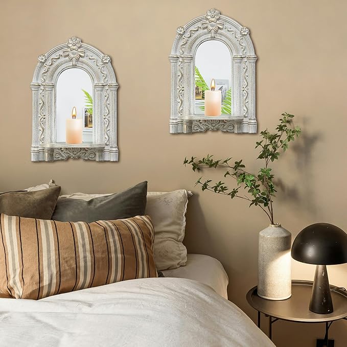 Three-Dimensional Relief Candle Sconces Set 2 Rustic Wall Mount Candle Holders Wood Hanging Wall Decor Mirrored Wall Art Hand Carved Home Decoration