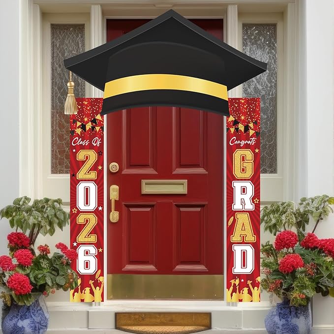 3Pcs Graduation Cap Door Banner 2026 Graduation Door Decoration Class of 2026 Porch Sign Congrat Grad Hanging Banner Decor Grad Party Indoor Outdoor Wall Decor Photo Prop Supplies Red Black