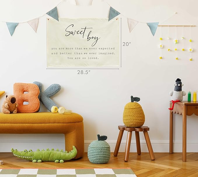 Nursery Rectangular Canvas Banner Wall Decor for Nursery Bedroom Playroom Decoration,Poster Flag Sign Wall Art for Baby Boy Kids Teen,Baby Shower Birthday Christmas Gift-Sweet Boy Quote