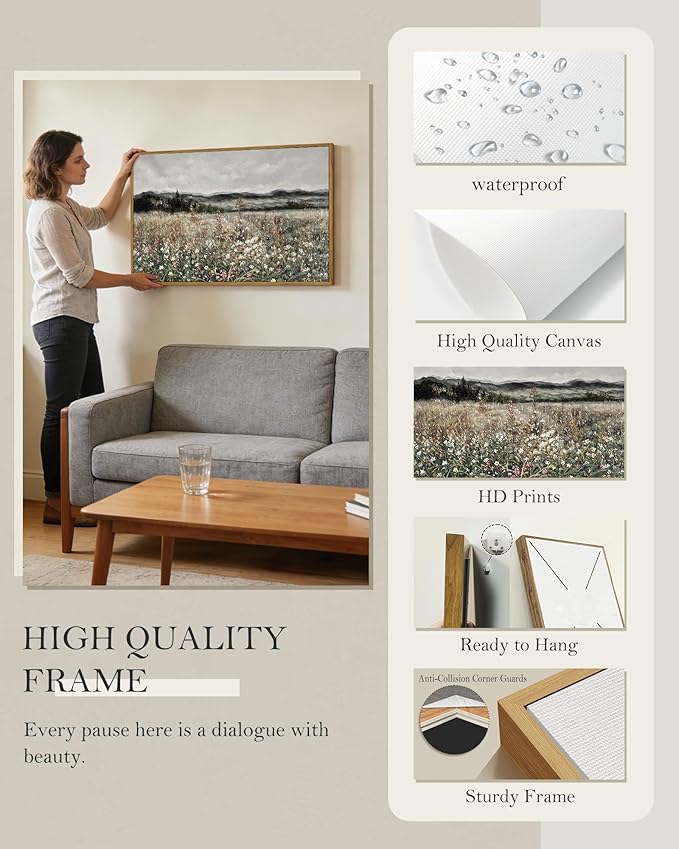 SHENIFY Vintage Landscape Framed Wall Art Meadow Flowers Farmhouse Decor Retro Classic Painting for Hallway Living Room Bedroom Dining Room - 24x36in Natural Framed