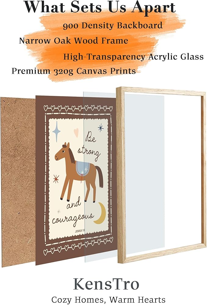 KensTro Christian Nursery Decor Framed Wall Art, 12x16 in Boho Christian Bible Verse Quote Canvas Wall Art,Be Strong and Courageous Horse Art Print Children Playroom Bedroom Decor Set of 1