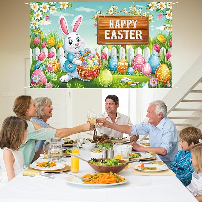 Happy Easter Backdrop 71" X 43" Happy Easter Day Banner Easter Rabbit Party Decorations Easter Bunny Background