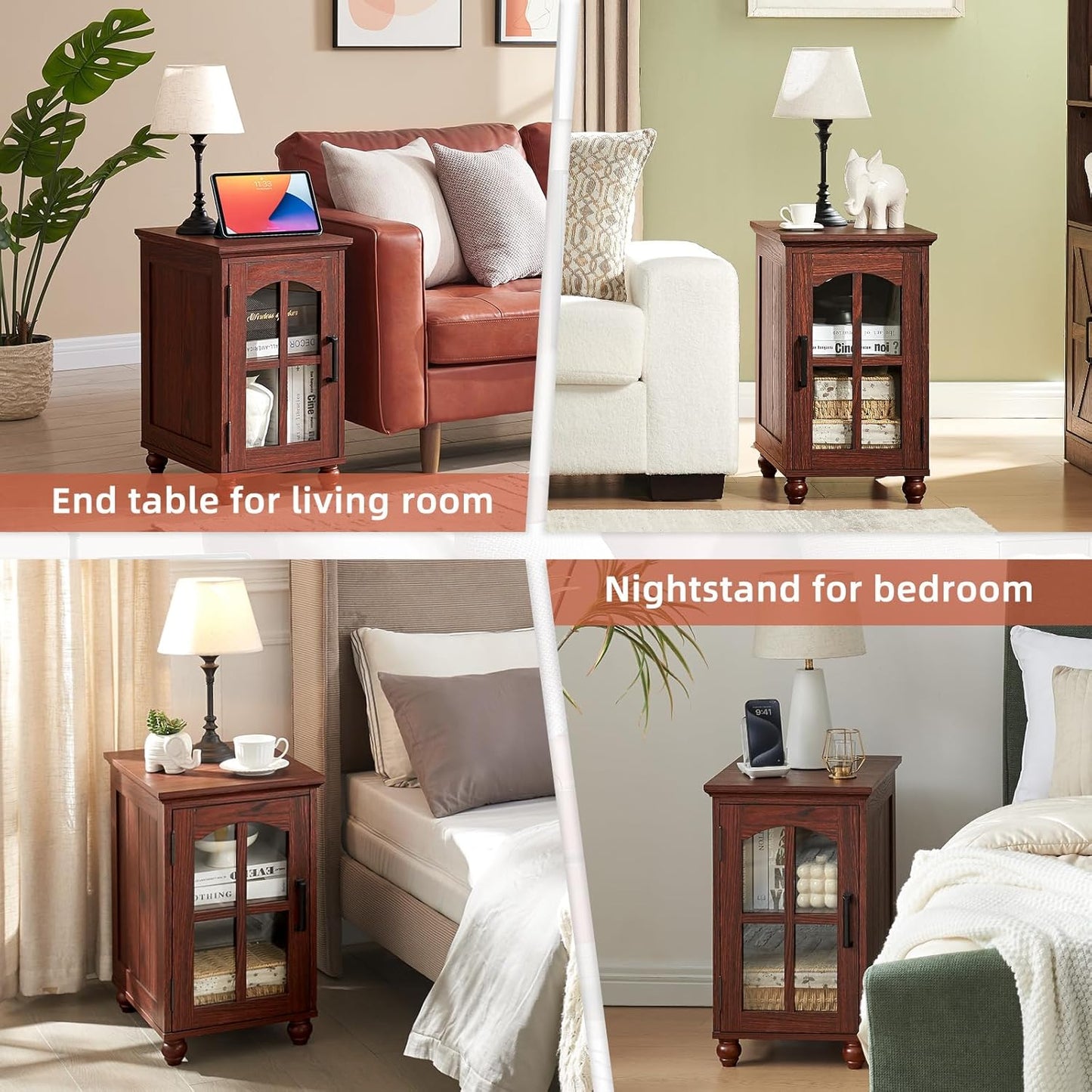 Narrow Side Table Set of 2,Farmhouse Nightstand with Charging Station,End Table with Glass Barn Door Storage, Cabinet Organizer with Adjustable Shelf, Night Stand for Small Spaces Living Room Bedroom