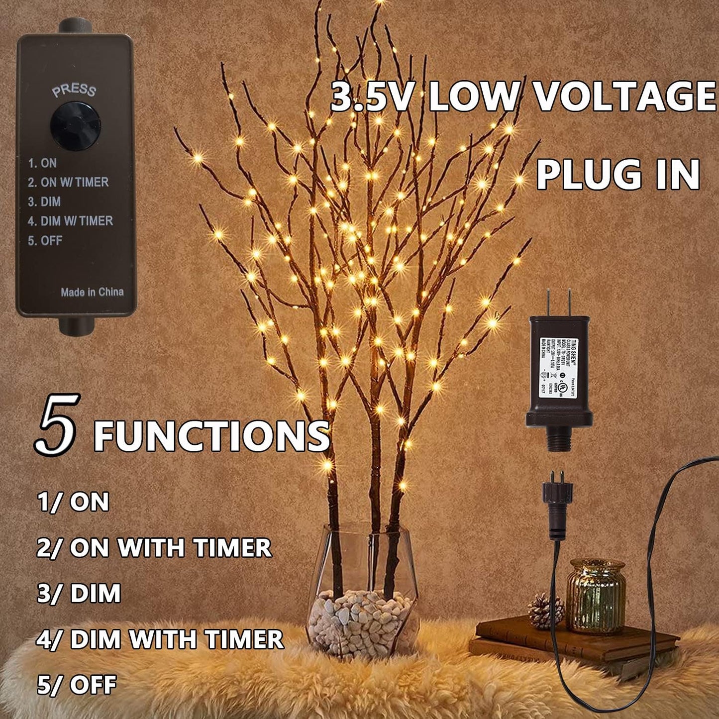 Fudios Lighted Twigs and Branches for Vases Plug in 32in Tall,Brown Willow Tree Branches with Lights 150 LED Outdoor Indoor Holiday Party Decor Gift 2Sets