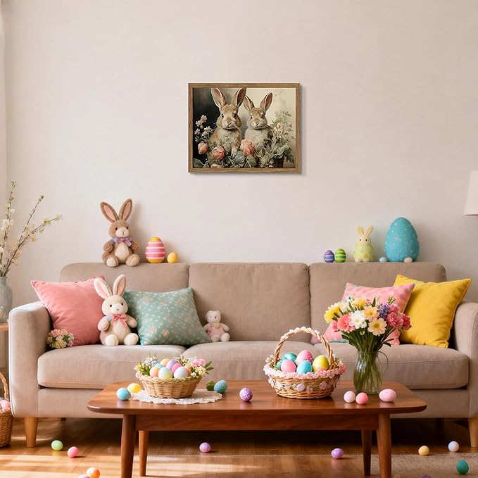 Framed Easter Bunny Wall Art, Two Adorable Rabbits with Flower Basket Picture Prints, Rustic Farmhouse Canvas Artwork, Vintage Holiday Wall Decor for Kids Room Girls Bedroom Living Room 12x16in
