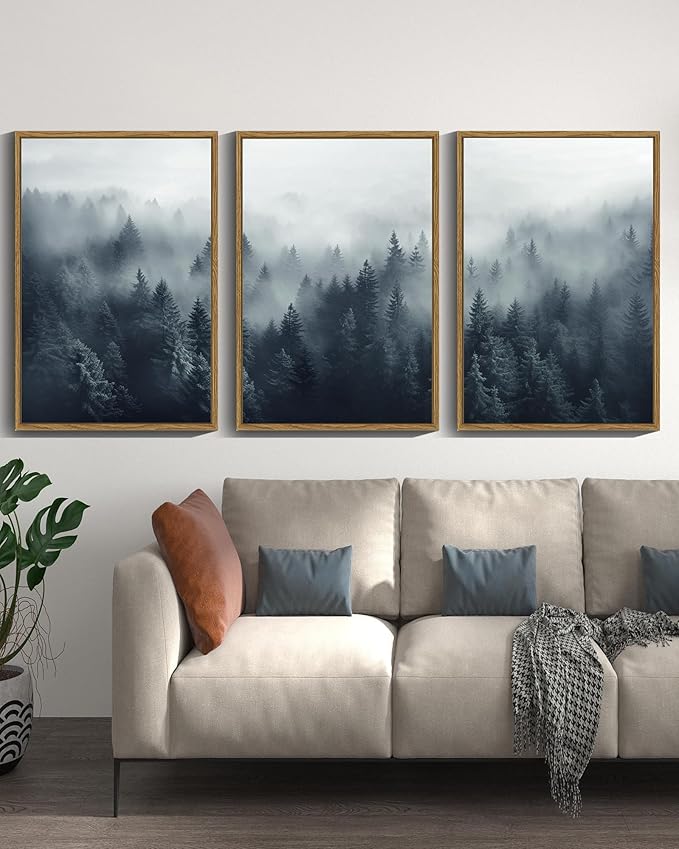 SHENIFY Blue Fog Pine Tree Forest Canvas Wall Art Large 16x24in Framed Nature Modern Artwork Prints Decor - Natural Framed