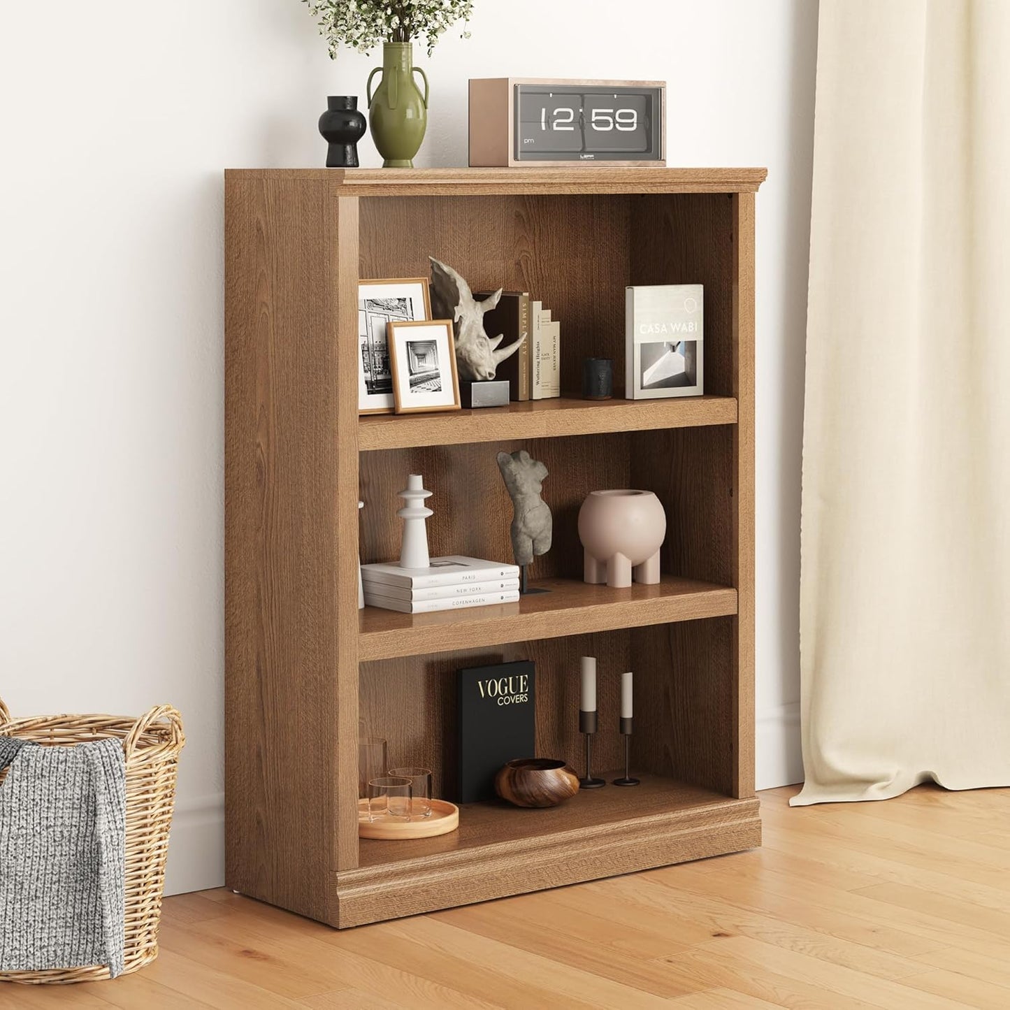 43 in Tall Bookcase, 3-Tier Bookshelf Open Storage, 33 inch Wide Floor Standing Indoor Furniture, Book Cases for Home School Library Office Bedroom Kids, Oak 3 Tiers