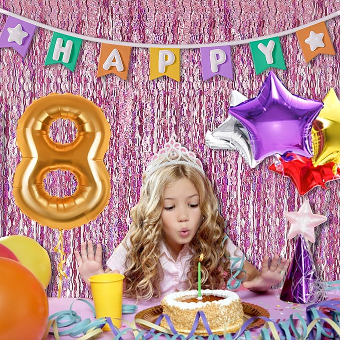 Pink Streamers Fringe Backdrop Tinsel Foil Fringe Curtains Wavy Backdrop for Party Sparkle Metallic Pink Curtain Photo Booth Props for Birthday Wedding Valentines Day Bachelorette Decorations