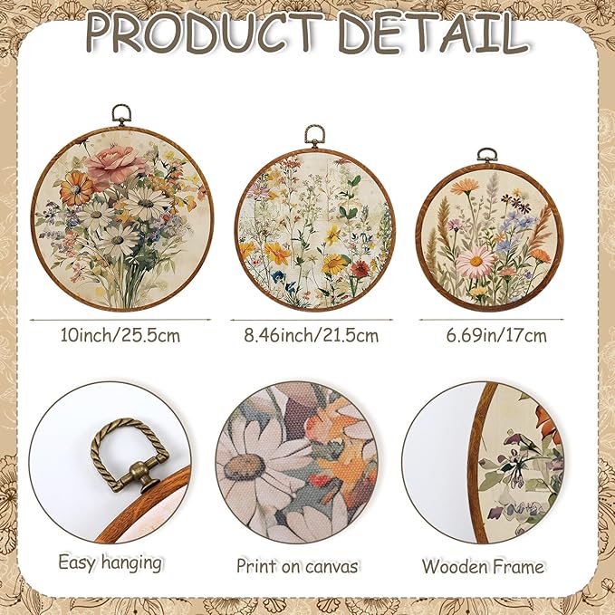 Fiwochic 3 Pcs Round Wildflowers Boho Wall Decor Vintage Flowers Wall Artwork Spring Floral House Artwork Flowers Painting Canva Print Framed Art Farmhouse Nature Hanging Boho Decor for Bedroom