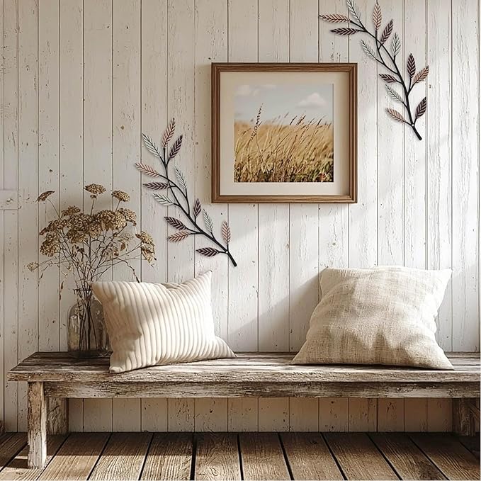 Metal Tree Leaf Wall Decor 2 PCS Rustic Vine Branch Leaf Wall Art for Living Room Bedroom Bathroom Decorations - Vintage Brown