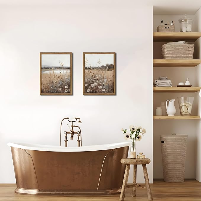 Wood Frame Vintage Wall Art Set of 2, Retro Farmhouse Wildflower Wall Decor Paintings Art Pictures, Country Floral Field Landscape Canvas Posters Prints for Bedroom Bathroom 12x16In Framed