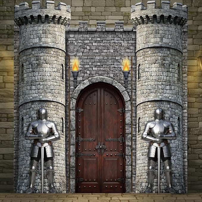 4 Pcs Medieval Door Decorations Set Knight Castle Door Covers Stone Tower Castle Hanging Banners for Medieval Knight Theme Classroom Office Home Party Photography Photo Background Decoration