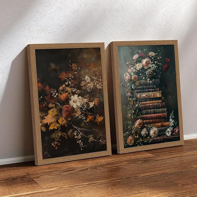 2Pcs framed vintage dark floral wall art Moody Flowers Books elegant stacks of books and blooming flowers canvas paintings home decor art suitable for living room, bedroom and office12X16In
