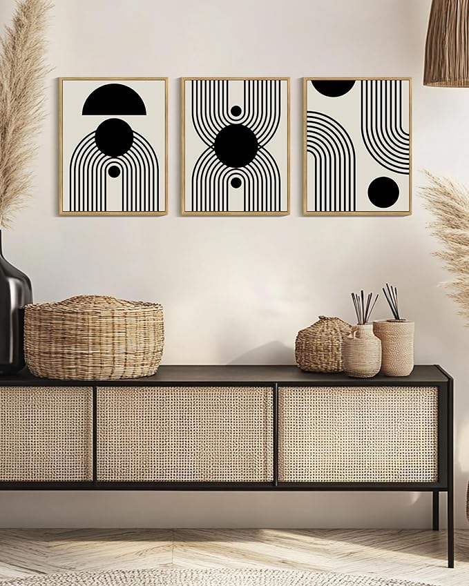 Drsoum Black Abstract Boho Wall Art Framed Modern Bohemian Wall Decor Geometry Lines Prints Ready to Hang 11x14in Natural Framed