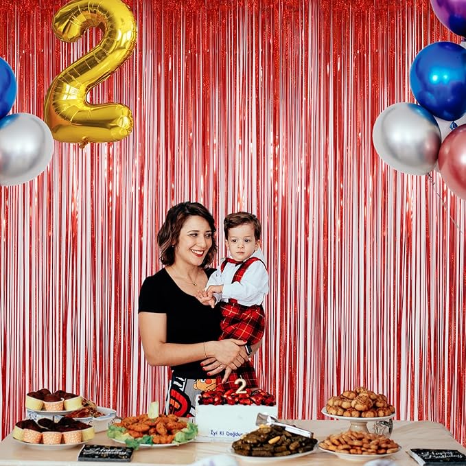 Red Party Streamers Decorations 3 Pack 3.2 x 8.2 ft Shiny Fringe Curtain for Birthday Party Decor, Red Streamers Backdrop, Valentines Day Decorations (Pure Red)