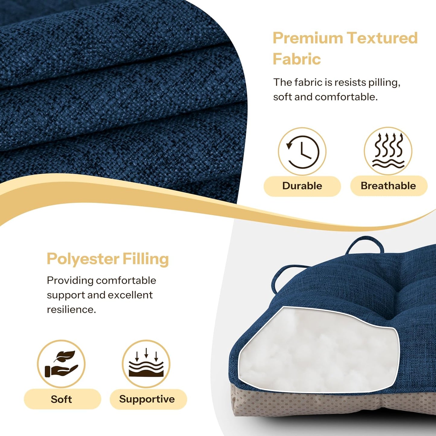 Non Slip Chair Cushions for Dining Chairs Set of 4 Kitchen Chair Cushions 18"x18"x3" Turfted Chair Pads Comfortable and Soft Seat Cushion with Ties, Navy
