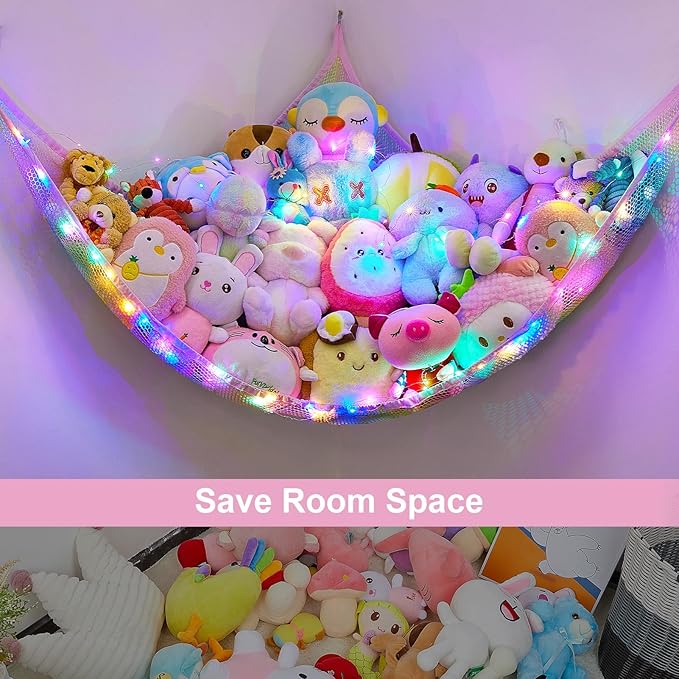 Unicorn Castle Stuffed Animals Net or Hammock Kids Toy Storage Organizer with LED Light Hanging Corner Stuffed Animals Holder Kids Girls Room Decor,Rainbow-A,Large (Pack of 1)