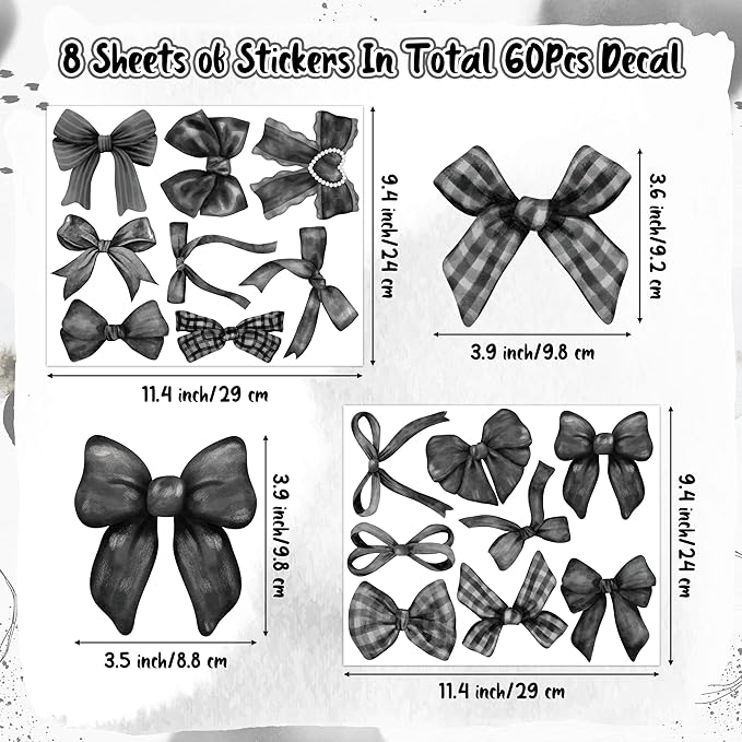 A1diee Black White Bow Wall Stickers - 60Pcs Watercolor Coquette Aesthetic Wall Stickers Black Bow Knot Gothic Wall Art Decor Vinyl Peel and Stick Room Decor for Kindergarten Nursery Bedroom, 8 Sheets
