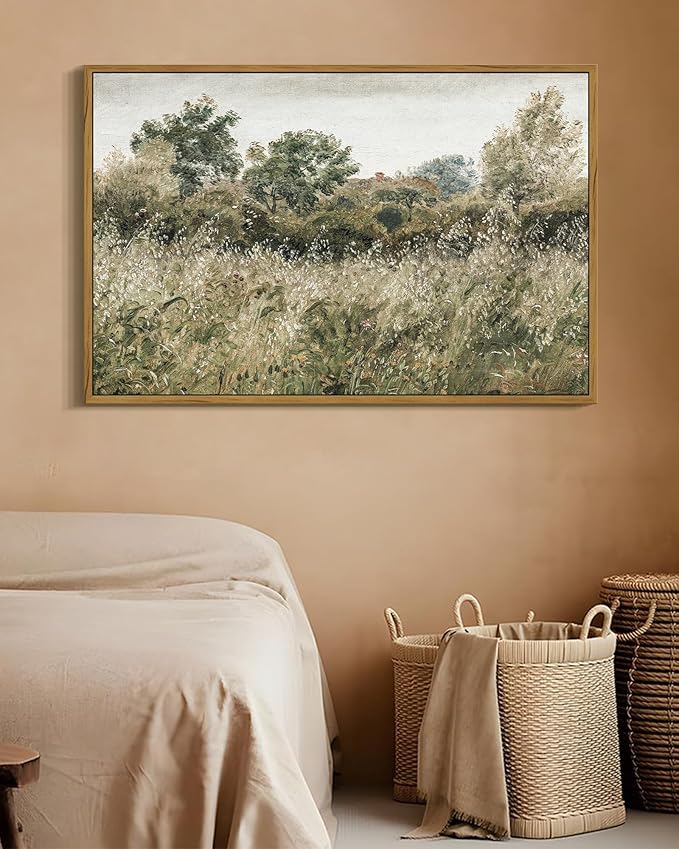 SHENIFY Vintage Landscape Framed Wall Art Meadow Scenery Farmhouse Decor Retro Painting for Living Room Bedroom Ready to Hang Wall Artwork - 16x24in Natural Framed