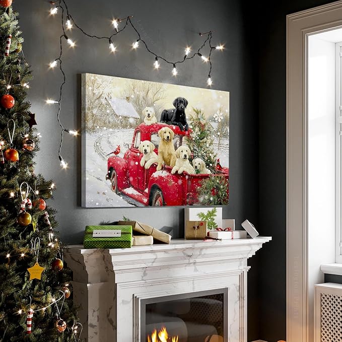 Christmas Canvas Wall Art for Living Room Vintage Red Truck Pictures Cute Farmhouse Dogs Wall Decor Rustic Christmas Tree Poster Retro Winter Country Scenic Artwork for Bedroom Home Decorations 16x24"