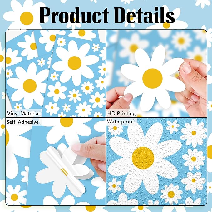 Daisy Wall Decal, 8 Sheets 96Pcs Daisy Flower Wall Stickers Peel and Stick White Flower Decals for Nursery Bedroom Home Wall Art Decorations