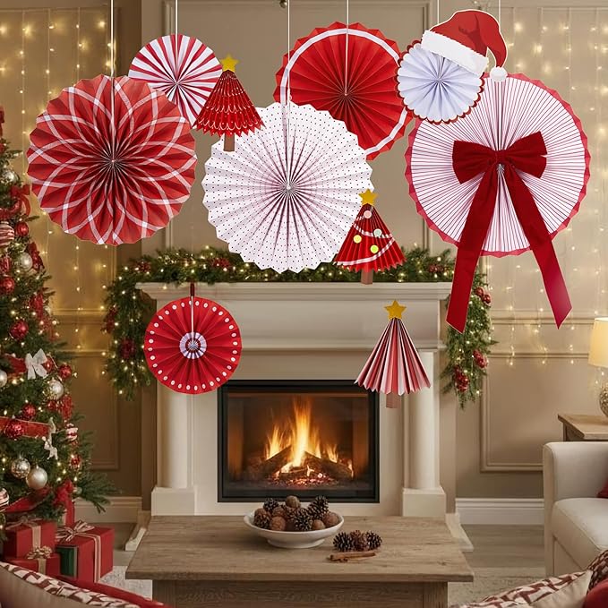Christmas Paper Fan Decorations Christmas Decorations Classroom Red Hanging Paper Fans 10PCS with Santa Hat Gold Stars for Xmas Winter New Year Wall Ceiling Party Holiday