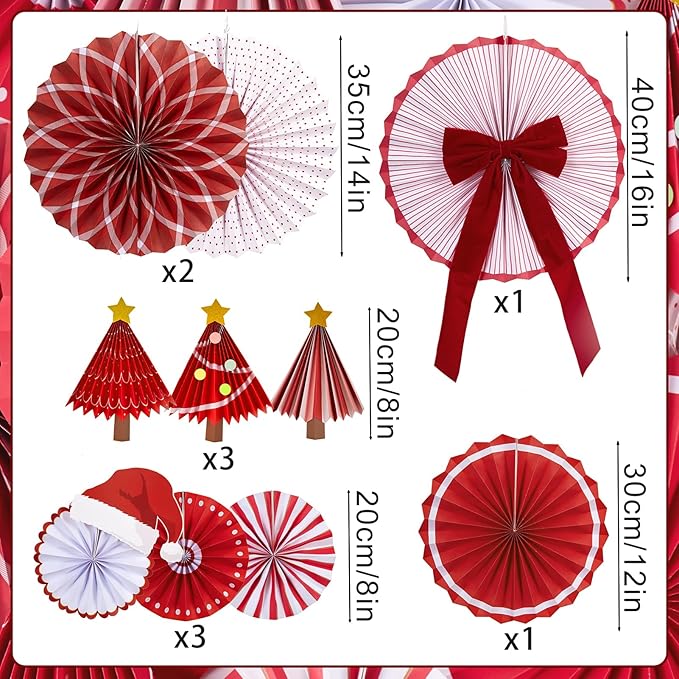 Christmas Paper Fan Decorations Christmas Decorations Classroom Red Hanging Paper Fans 10PCS with Santa Hat Gold Stars for Xmas Winter New Year Wall Ceiling Party Holiday