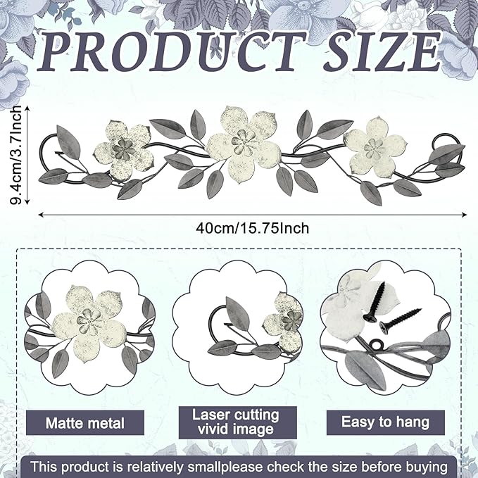 Wesiti Metal Flower Wall Decor Vintage Spring Metal Flower Wrought Iron Scroll Sculpture 15.7''x3.7'' Farmhouse Leaf Wall Decor with Nails for Spring Living Room Bedroom Indoor Outdoor(White)