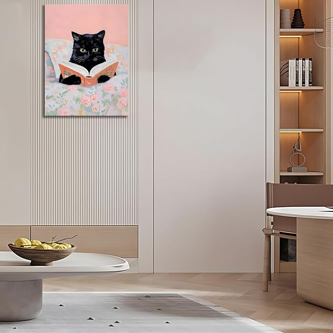 Framed Cats Canvas Wall Art, Funn Black Cat Reading Books Picture Wall Decor, Pink Vintage Animal Poster Prints for Girls Room Bedroom Kids Room Living Room Bathroom Decor 12x16 inch