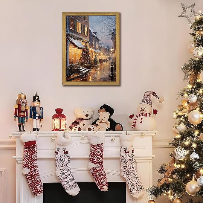 Vintage Christmas Wall Art 16x24 Inch, Wood Framed Winter Snow Street Canvas Print Picture, Rustic Holiday Christmas tree Wall Decor Oil Painting for Living Room Bedroom Kitchen