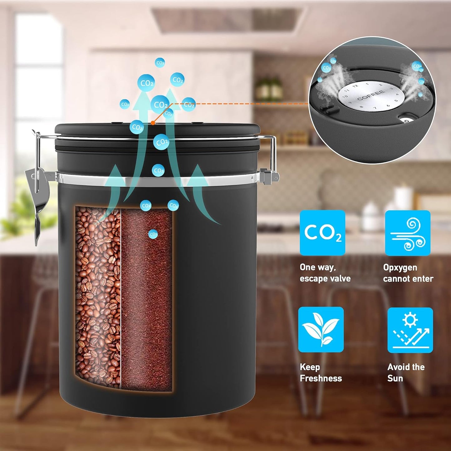 Coffee canister for ground coffee with Scoop Date Tracker One Way Co2 Valve 304 Stainless Steel Kitchen Food Airtight storage container for Coffee Beans,Grounds,Tea,Sugar (Black, 16oz)