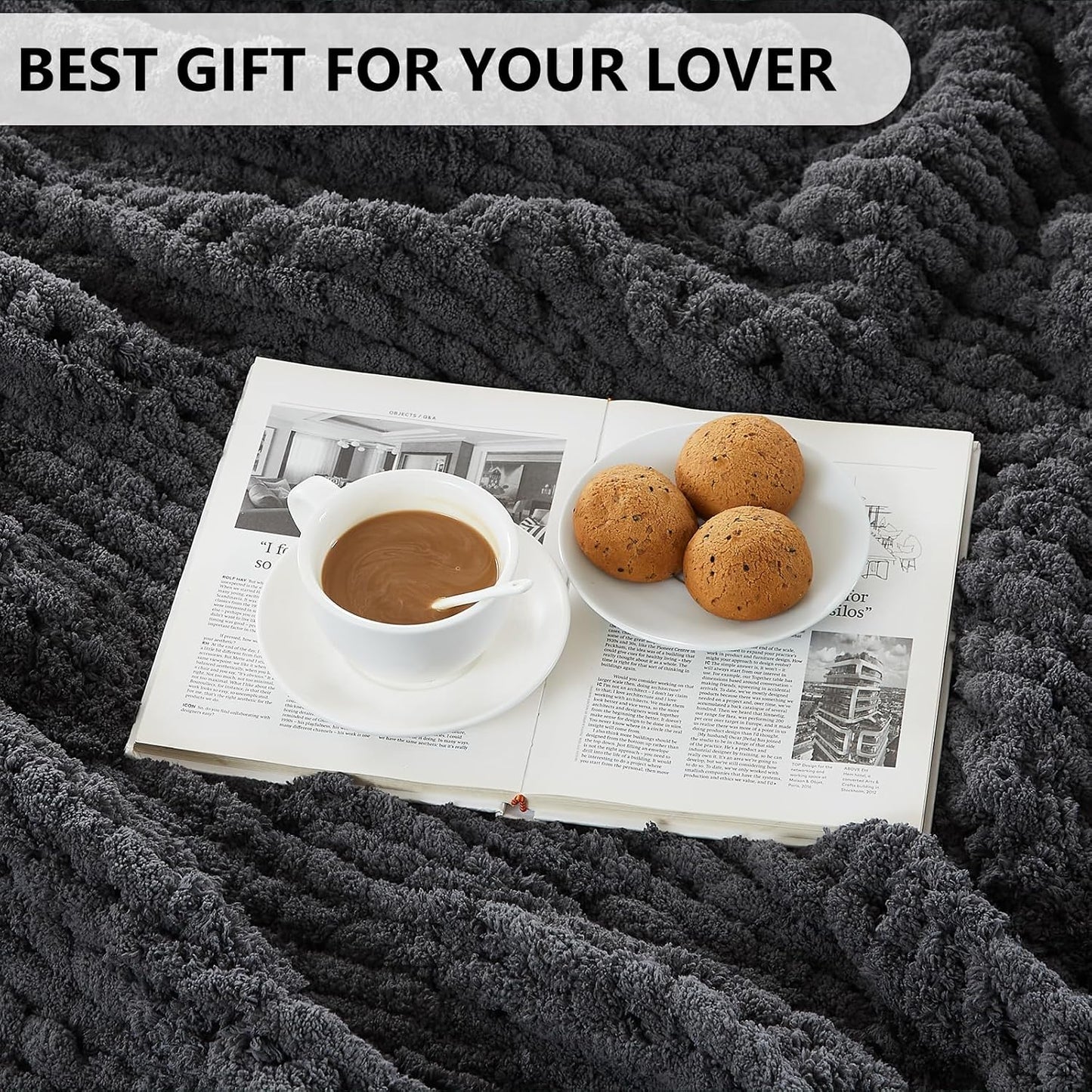 L'AGRATY Chunky Knit Blanket Throw - Soft Chunky Throw Blanket 30x40: 100% Hand Kintted Chenile Crochet Throw Blanket for Couch - Large Cable Knit Chunky Blanket for Home Decor(Dark Grey)