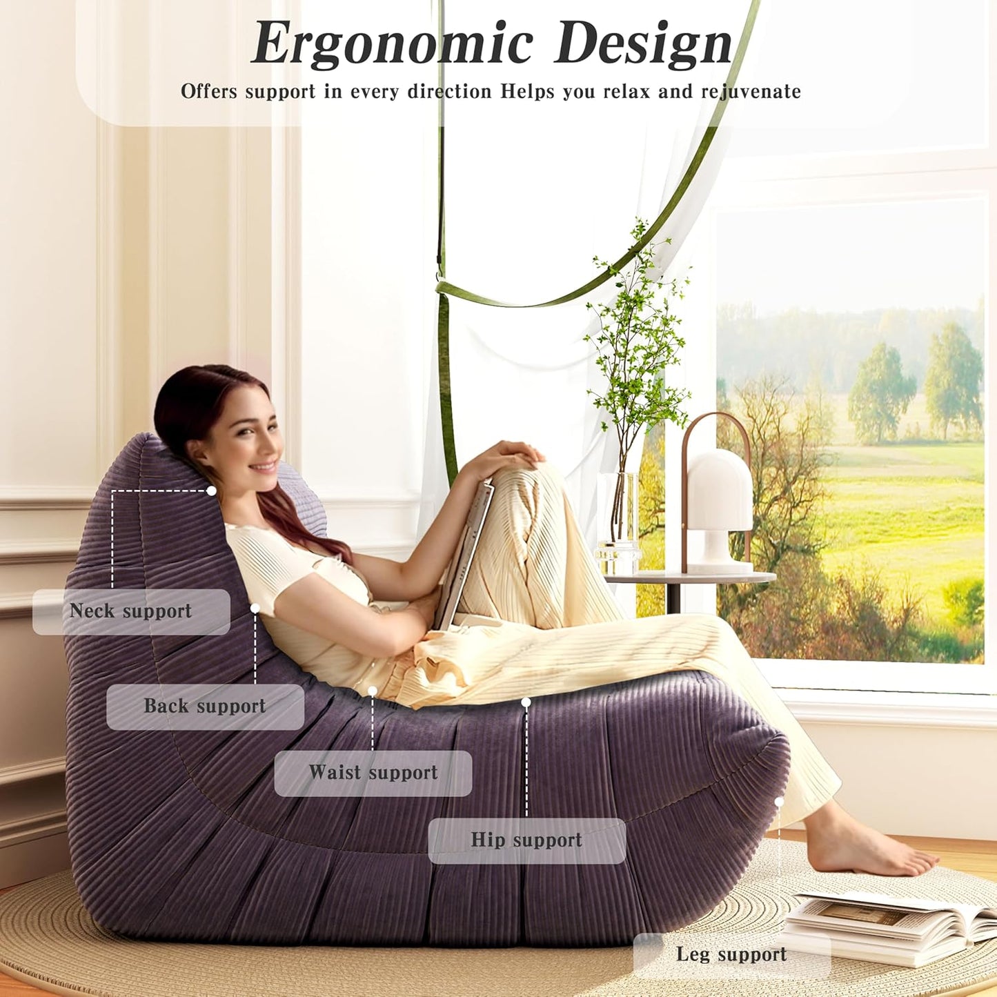 Bean Bag Chair, Lazy Floor Sofa Couch for Adults and Kids, Fireside Chair with Ergonomic Design, Memory Foam Lounge Chair for Living Room Bedroom, Office, Grey