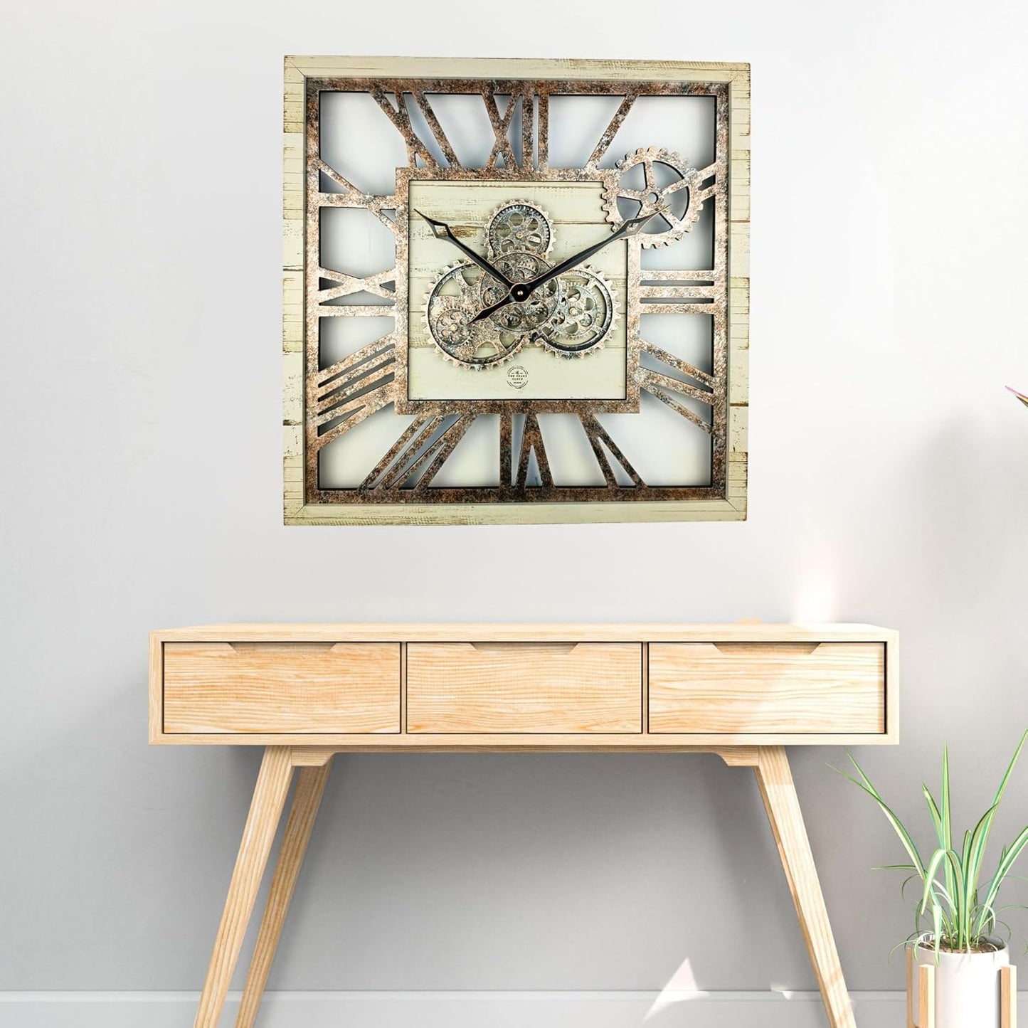 The Gears Clock 24'' Inch Square Real Moving Gear Wall Clock Vintage Industrial Oversized Rustic Farmhouse (Desert Beige)