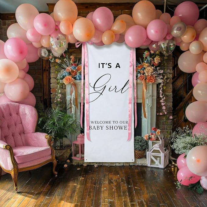 Oudain 24x60 Inch It's a Girl Burlap Banner, Baby Shower Fabric Backdrop with Pink Ribbons and Hooks, Rustic Boho Photo Props Sign for Gender Reveal Party Wall Hanging Indoor Outdoor Decoration