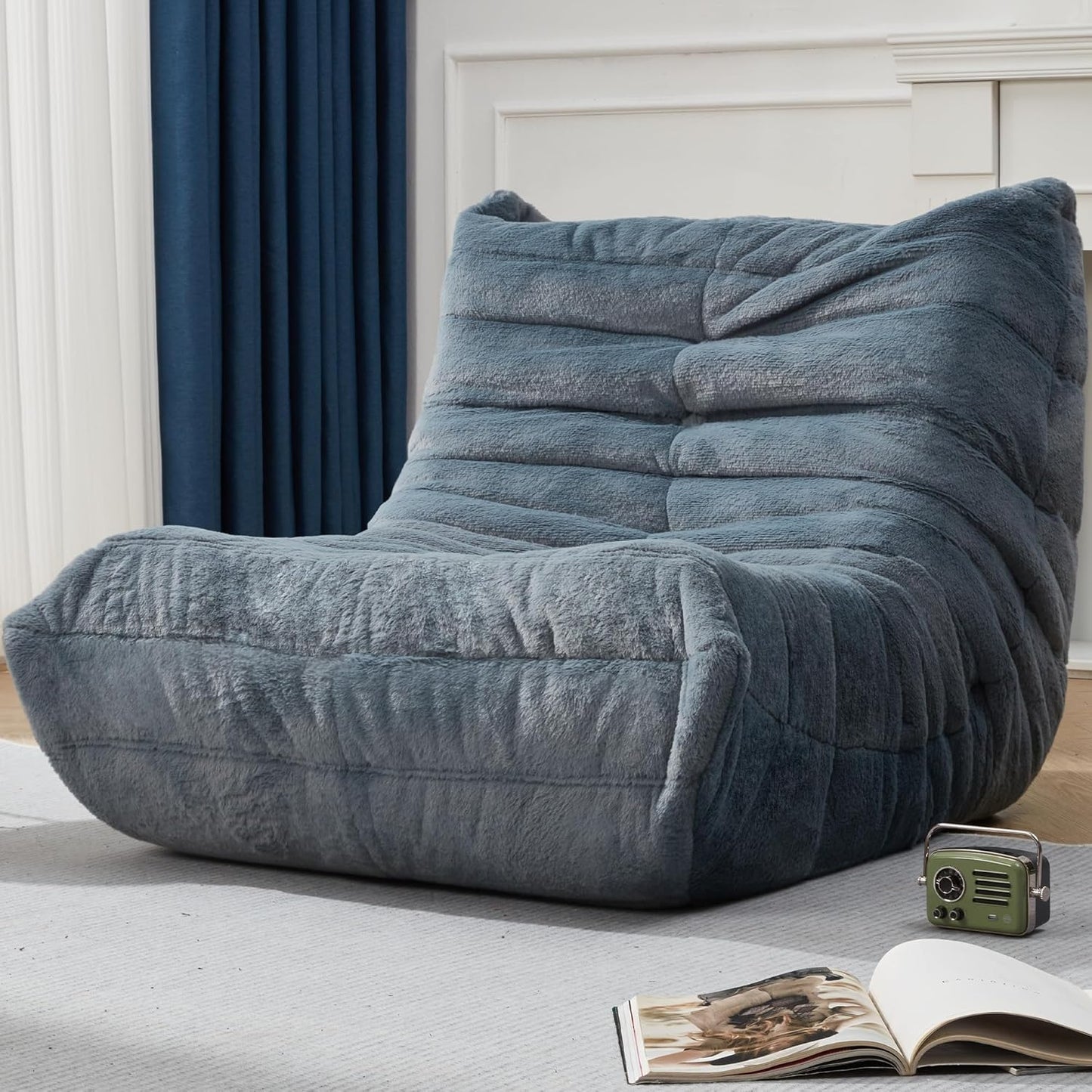 Bean Bag Chairs for Adults Giant Bean Bag Chair Memory Foam BeanBag Chair Big Bean Bag Sofa with Filler Faux Fur Fireside Beanbags Lazy Sofa for Living Room Bedroom Dorm Office (Bluegrey Plush)