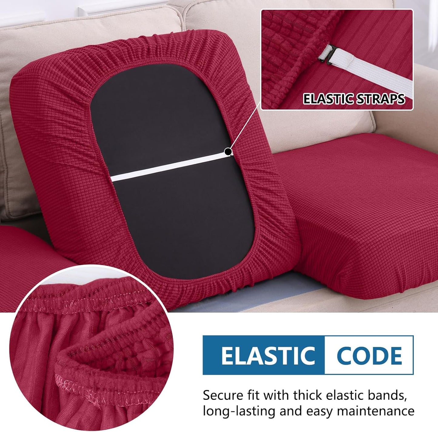 hyha Waterproof Couch Cushion Covers for Pets, Non Slip Sofa Seat Cover for Dogs Washable, Soft Thick Stretch Jacquard Fabric, Sofa Slipcovers with Elastic Bottom (1 Piece for Large, Wine Red)