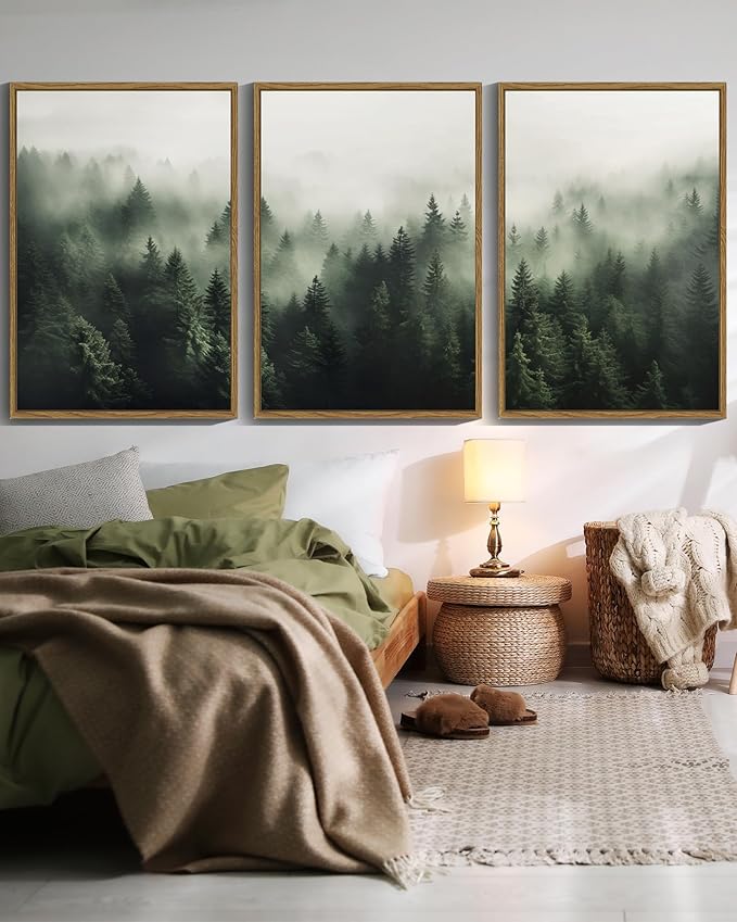 SHENIFY Green Fog Pine Tree Forest Canvas Wall Art Large 24x36in Framed Nature Modern Artwork Prints Decor - Natural Framed