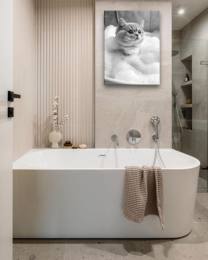 KensTro Funny Bathroom Wall Art Decor,12" x 16" Waterproof Wood Framed Canvas Bathroom Wall Art Picture,Black and White Cat Bathing Wall Art Animal Abstract Prints,Wall Decor for Kid's Room,1Pack Gift