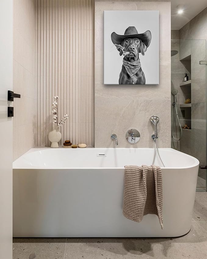 KensTro Funny Bathroom Wall Art Decor,12" x 16" Framed Canvas Bathroom Wall Art Picture,Black and White Vizsla Cowboy Art Print Wall Art Animal Abstract Prints,Wall Decor for Kid's Room,1Pack Gift
