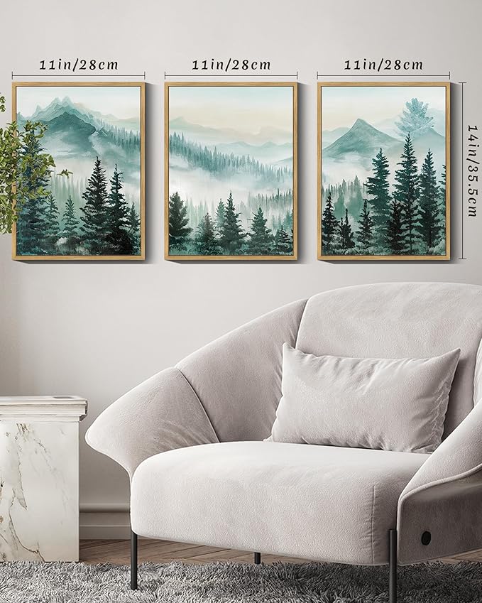 SHENIFY Fog Pine Green Tree Forest Canvas Wall Art 11x14in Framed Nordic Nature Modern Artwork Prints Decor - Natural Framed